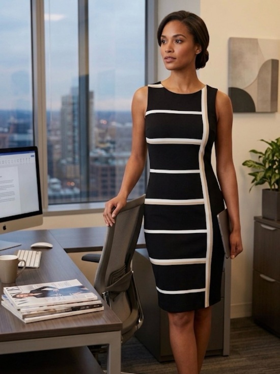 Joseph Ribkoff Dresses & Skirts - Joseph Ribkoff Black Midi Dress with White and tan Stripes